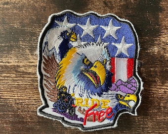 Vintage Patch USA Flag Embroidered Bald Eagle Ride Free Applique for Motorcycle Biker NOS