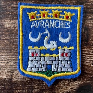 Vintage Patch Avranches France with Castle, Moon, Fish — French Normandy embroidered applique & travel souvenir