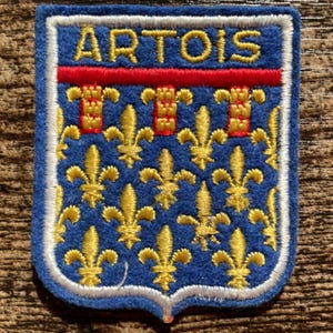 Puede incluir: Un parche bordado en forma de escudo con fondo azul y un patrón repetido de flores de lis amarillas. La palabra ARTOIS está bordada en amarillo en la parte superior, separada de la sección inferior por una franja horizontal roja.