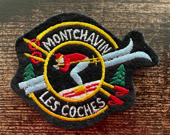 Vintage Patch Montchavin Les Coches FRANCE La Plagne French Skiing Alps sew on applique embroidered Travel Souvenir Accessory Wanderlust