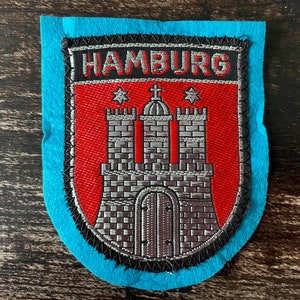 Vintage Patch Hamburg Niemcy Statek Port Niemiecki Hamburg Port Haftowana pamiątka podróżna