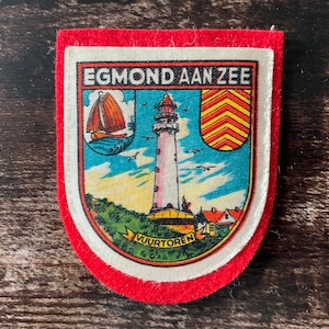 Patch vintage bordado do farol holandês de Egmond aan Zee, Holanda, como lembrança de viagem.