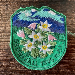 May include: Embroidered patch featuring a mountain scene with white and yellow flowers, pink buds, and green foliage. The patch has a green border with text. The sky is blue and turquoise.