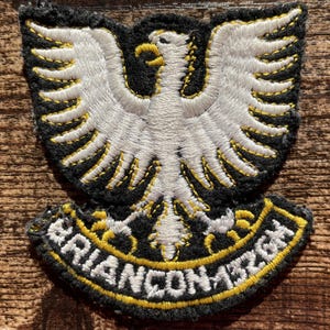 Pode incluir: Um emblema bordado apresentando uma águia branca com detalhes amarelos sobre um fundo preto. A águia é retratada com as asas abertas. Abaixo da águia, uma faixa curva contém o texto bordado em branco BRIANCON 1592GN.