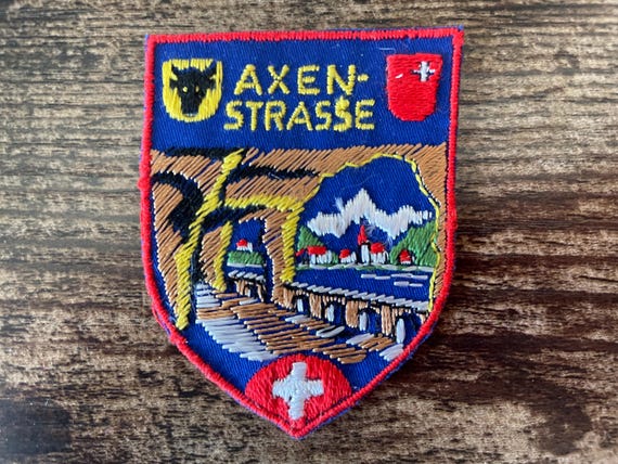 Vintage Patch Axenstrasse Switzerland with Swiss Flag Embroidered Sew on Travel Souvenir