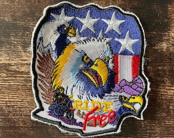 Vintage-lapp USA-flagga Vithövdad havsörn Ride Free Motorcykel Biker-applikation NOS (Sy-på)