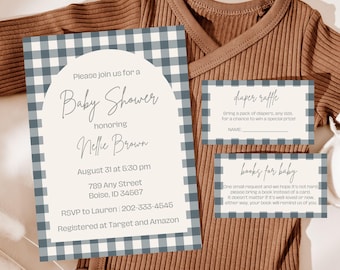 Gingham-Babyparty-Einladungs-Paket: Neutrales Picknick-Thema (bearbeitbare Vorlage)