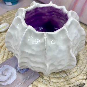 Puede incluir: Un cuenco de cerámica blanca con un diseño texturizado en forma de concha. El interior es de un morado vibrante. El cuenco está sobre una esterilla tejida, con una tarjeta de visita que dice "LE BRUIT DES VAGUES - VILUVIA CERAMIQUE".