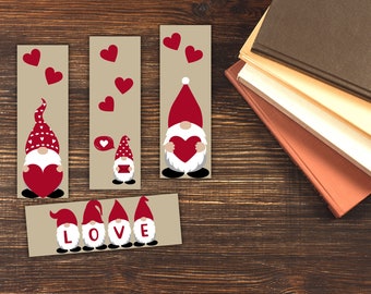 Printable Red Valentine Gnomes Bookmarks, Set of Four Bookmarks, Instant Download