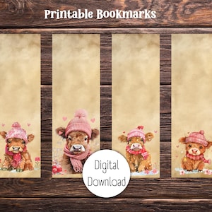 Valentine Highland Cow Printable Bookmarks | Digital Download | Cute Cow Bookmarks for Book Lovers | 2&quot;x6&quot; Bookmarks