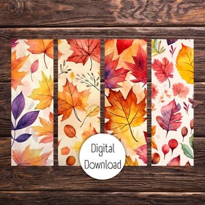 Printable Fall Watercolor Leaves Bookmarks | Set of 4 | Autumn Reading Accessories | Digital Download