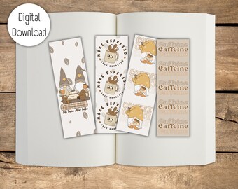 Juego de cuatro marcapáginas imprimibles de café y gnomo / Regalo para amantes de los libros