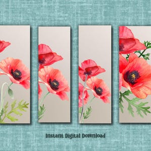 Printable Red Poppies Bookmarks, Set of Four Bookmarks, Instant Download