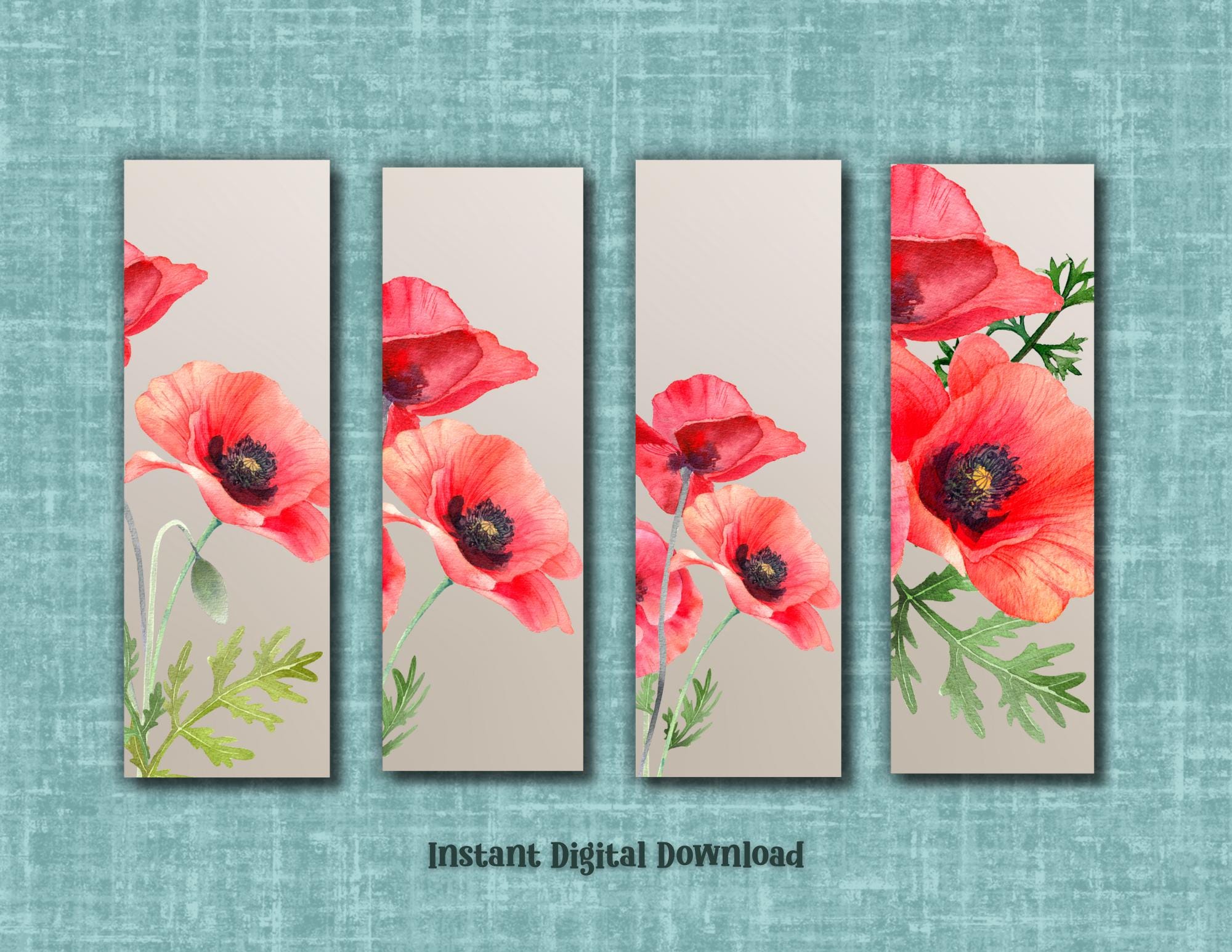 Printable Red Poppies Bookmarks, Set of Four Bookmarks, Instant ...