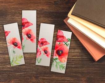 Printable Red Poppies Bookmarks, Set of Four Bookmarks, Instant Download