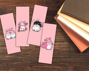 Printable Pink Valentine Gnomes Bookmarks, Set of Four Bookmarks, Instant Download