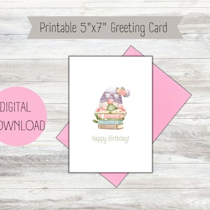 Happy Birthday Card for Bookish Lover | Watercolor Gnome Themed | Printable - INSTANT DOWNLOAD