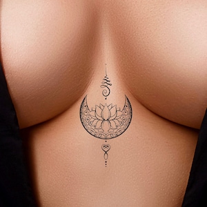Lotus Moon Mandala Unalome Temporary Tattoo / floral tattoo / Unalome tattoo / moon temp tattoo / lotus tattoo
