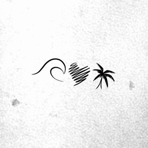 May include: A black and white illustration of a wave, heart, and palm tree.