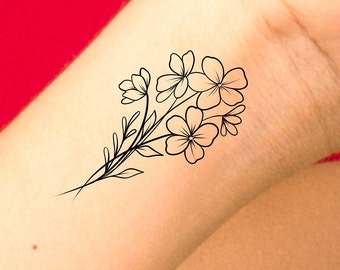 May include: A simple line drawing tattoo design of a bouquet of flowers with five blossoms.