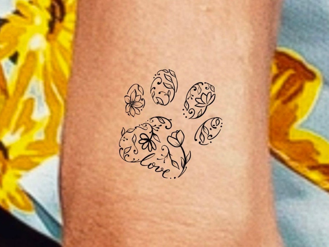Paw Print Floral Temporary Tattoo / Dog Tattoo / Paw Print - Etsy