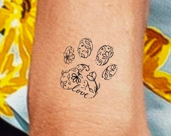 Paw Print Floral Temporary Tattoo dog tattoo paw print tattoo animals  tattoo
