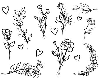 Floral Love Multipack temporäres Tattoo / Wildblumen Tattoo / Herz Tattoos