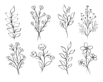 May include: A set of eight black and white line drawings of various floral and leafy designs. The designs are simple and elegant, and would be perfect for use in a variety of creative projects.