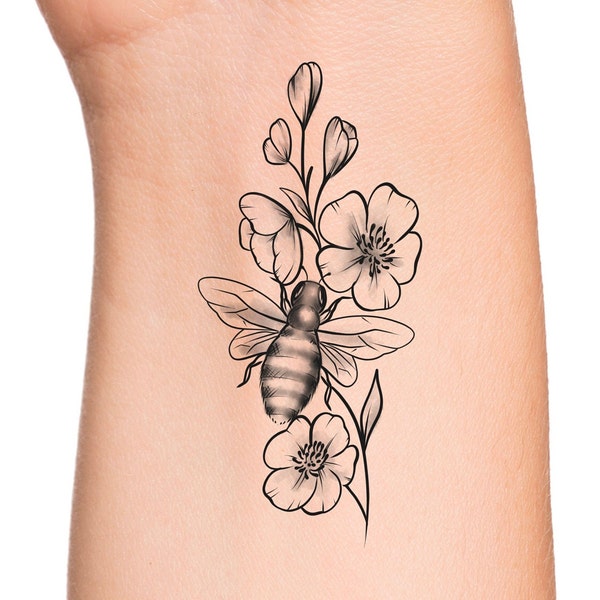 Bumble Bee Floral Temporary Tattoo / bee tattoo / floral tattoo / flower tattoo / wildflowers tattoo / bee tattoo / honey bee tattoo