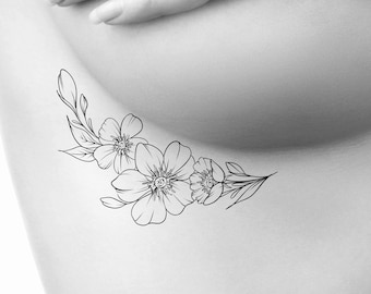 Floral Underboob Temporary Tattoo / large floral tattoo / flowers temp tattoo / wildflower tattoo / under boob tattoo / sideboob tattoo