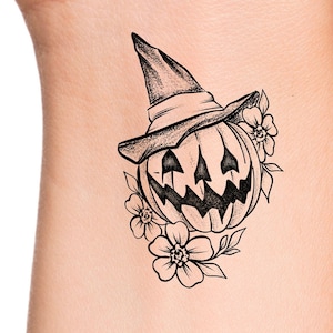 Floral Pumpkin Witch Temporary Tattoo
