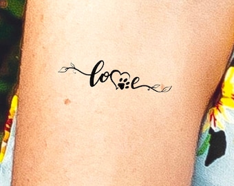Paw Print Heart Love Temporary Tattoo / dog print tattoo / love tattoo / animals tattoo / dog tattoo / floral tattoo / leaves tattoo