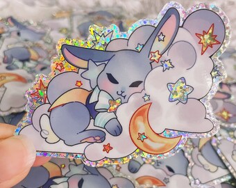 Holographic Waterproof Vinyl Die Cut Sticker Lunar Dream Moon Rabbit Aesthetic Lunar DreamyFloral Cute Planner Journaling Stationery