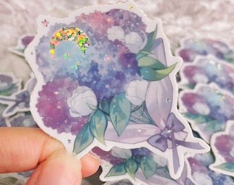Holographic Waterproof Vinyl Die Cut Sticker Lunar Bouquet Moon Aesthetic Lunar Hydrangea Flowers Floral Cute Planner Journaling Stationery