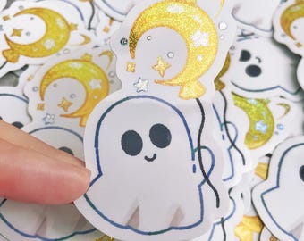 Holographic Waterproof Vinyl Die Cut Sticker Spooky Moon Ghost Balloon Aesthetic Lunar Candy Cute Planner Journaling Stationery Halloween