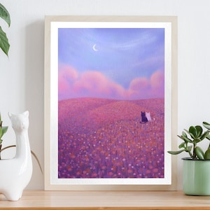Süße Katze Kunstdruck | Blumen & Natur Landschaft Poster | Pastellrosa und Lila Landschaftswanddekor | Original Kunstwerk von Mona Mauve