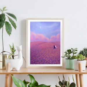 Stampa artistica di un simpatico gatto / Poster con fiori e paesaggio naturale / Decorazione da parete con paesaggio rosa pastello e viola / Opera d'arte originale di Mona Mauve