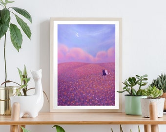 Small Cute Cat Art Print | Flowers & Nature Landscape Poster | Pastel Pink and Purple Scenery Wall Decor | Original Artwork by Mona Mauve