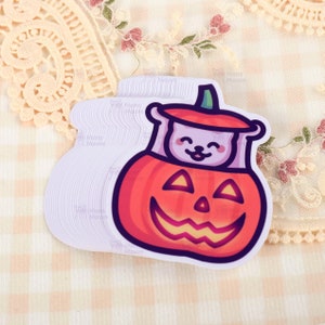 Adesivo de vinil fofo de abóbora de Halloween | Gato em uma abóbora | Adesivo engraçado à prova d'água de outono para laptop, porta, janela, bolsa de guloseimas, planejador, carro