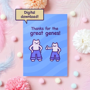 Carte chat imprimable pour la fête des pères | Merci pour vos bons gènes | Téléchargement numérique | Cadeau mème chat drôle et mignon pour papa