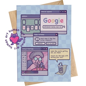 May include: A funny birthday card with a retro computer theme. The card features a cat logo and mock-up computer windows with text like "Google" and "retirement homes near me." The card is on a brown envelope.