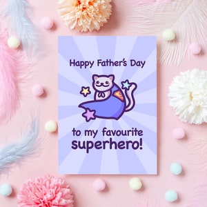 Niedliche Vatertagskarte | Alles Liebe meinem Lieblingssuperhelden zum Vatertag! | Katze Meme Blanko A6 / A5 Grußkarte, gesundes Geschenk für Papa