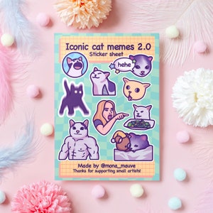 Foglio di adesivi "Iconic Cat Memes 2.0" / 9 adesivi impermeabili in vinile carini e divertenti / Pop Cat, Smidge, Polite Cat, Hehe Cat, Crying Cat / Formato A5