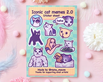 Iconic Cat Memes 2.0 Sticker Sheet | 9 Cute & Funny Vinyl Waterproof Stickers | Pop Cat, Smidge, Polite Cat, Hehe Cat, Crying Cat | A5