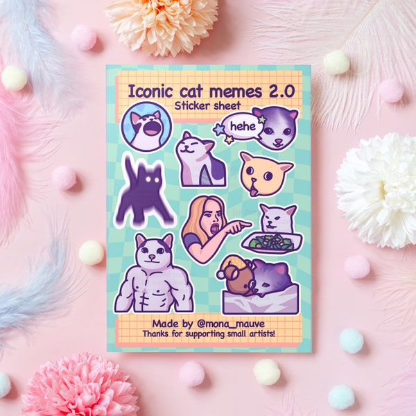 Iconic Cat Memes 2.0 Sticker Sheet | 9 Cute & Funny Vinyl Waterproof Stickers | Pop Cat, Smidge, Polite Cat, Hehe Cat, Crying Cat | A5