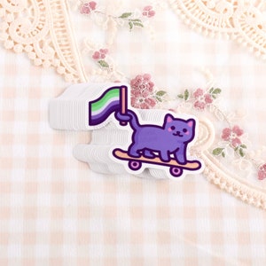 Aromantic Pride Sticker: Skater Cat with Aro Flag - Waterproof Vinyl
