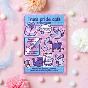 Trans Pride Cats Sticker Sheet | 9 Cute Vinyl LGBTQ+ Sticker Set | Protect Trans Rights, Love Wins, Respect Pronouns! | Waterproof Stickers