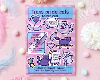 Trans Pride Cats Sticker Sheet | 9 Cute Vinyl LGBTQ+ Sticker Set | Protect Trans Rights, Love Wins, Respect Pronouns! | Waterproof Stickers