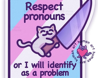 Lustiger Respekt Pronomen Katzenaufkleber | Trans Pride wasserfester Vinyl Aufkleber