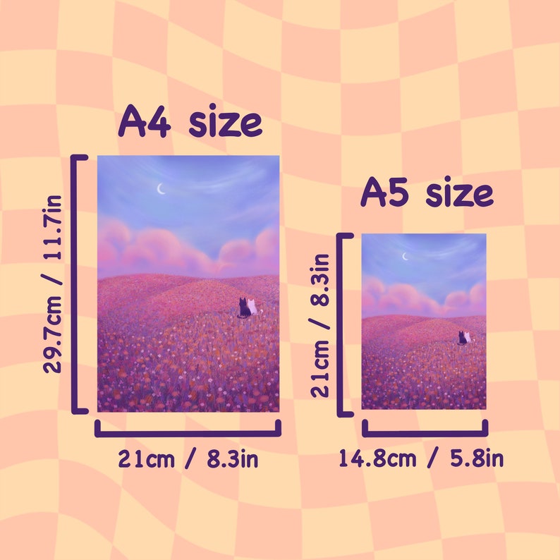 May include: Two cats, one black and one white, sit in a field of purple flowers under a crescent moon. The image shows the size difference between A4 and A5 paper sizes, with the cats in the same position in both.